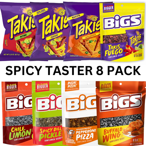 BIGS Sunflower Seeds + TAKIS Chips SPICY Taster Pack of 8